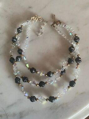 Vintage Aurora Borealis & Black bead Choker 12” with 3” extension chain